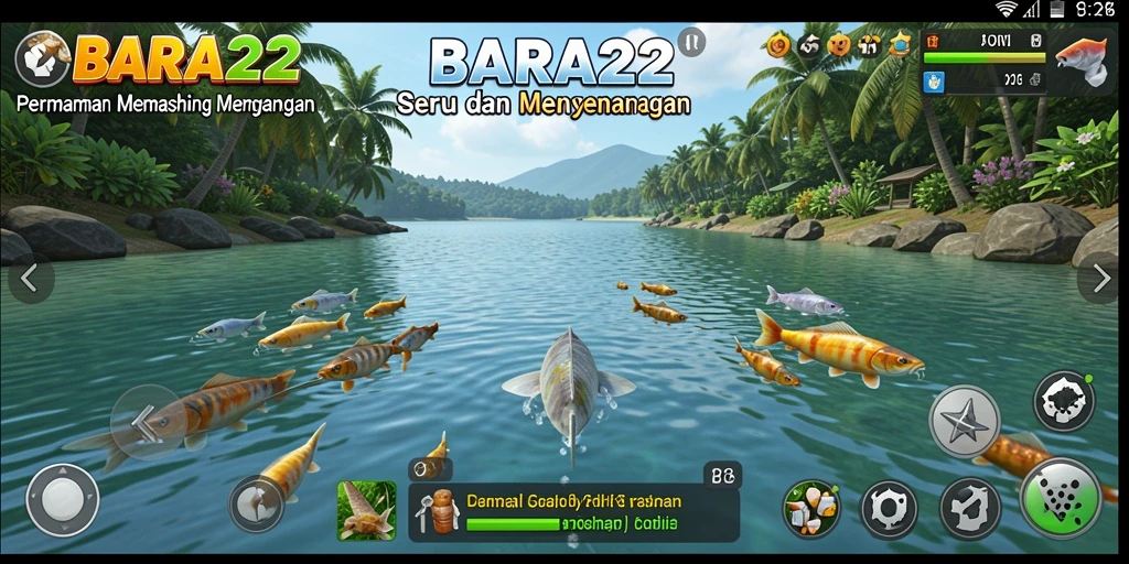 Tampilan utama gameplay BARA22 yang menampilkan suasana memancing yang mendebarkan.
