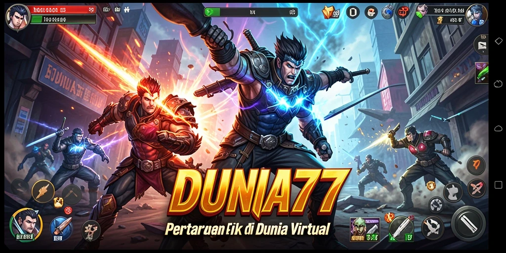 Tangkapan layar DUNIA77 menunjukkan pertarungan epik dengan grafis yang mengesankan.