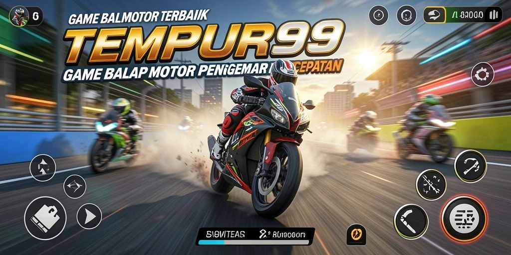 Screenshot gameplay TEMPUR99 menampilkan balapan motor yang seru dan cepat.
